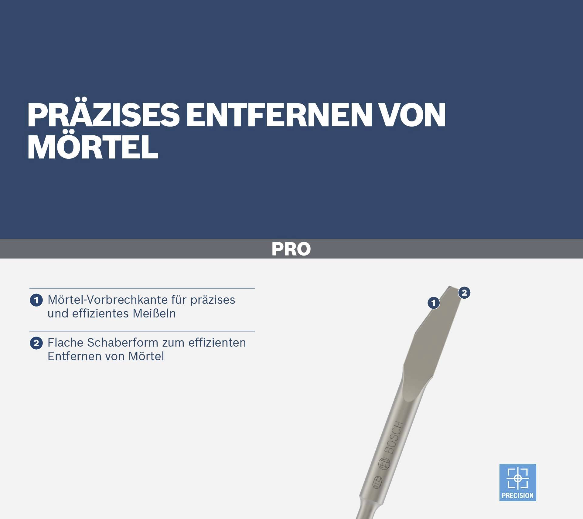 « Enlèvement précis du mortier » figure au-dessus d'une image de ciseau. Deux explications : 1) Arête de pré-cassage du mortier, 2) Forme de grattoir plat.