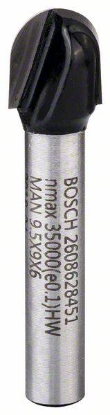 Fraise pour travaux sur bois, à tête noire et tige argentée, marquée 'BOSCH', vitesse de rotation maximale de 35 000 tr/min, dimensions 9,5x9,6 mm.