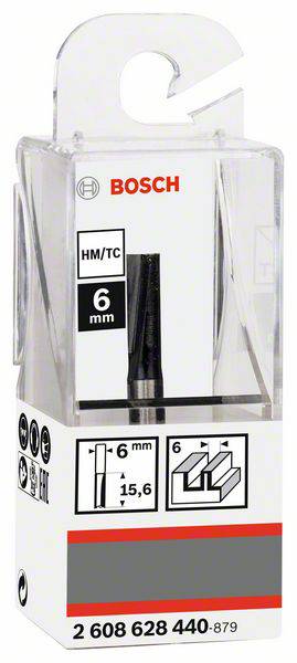 Fraise de Bosch de 6 mm de diamètre, matériau HM/TC. L'emballage présente un exemple d'application et les dimensions 6 x 15,6 mm.