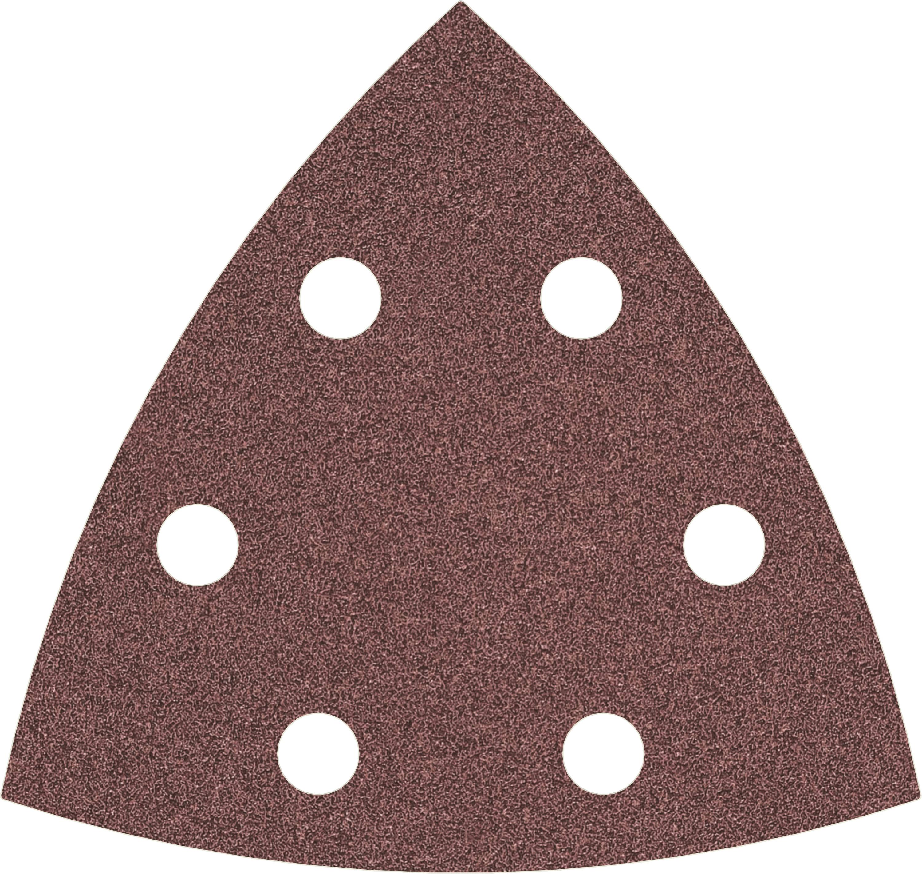 Papier de verre triangulaire à six trous ronds, de couleur brun-rouge, à utiliser avec des machines de ponçage.