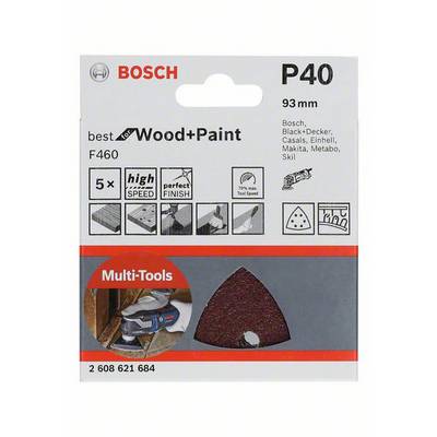 Emballage de papier abrasif Bosch P40 pour outils multifonctions, 93 mm. Adapté au bois et à la peinture. Contient cinq feuilles abrasives, idéal pour une vitesse élevée et une finition précise.