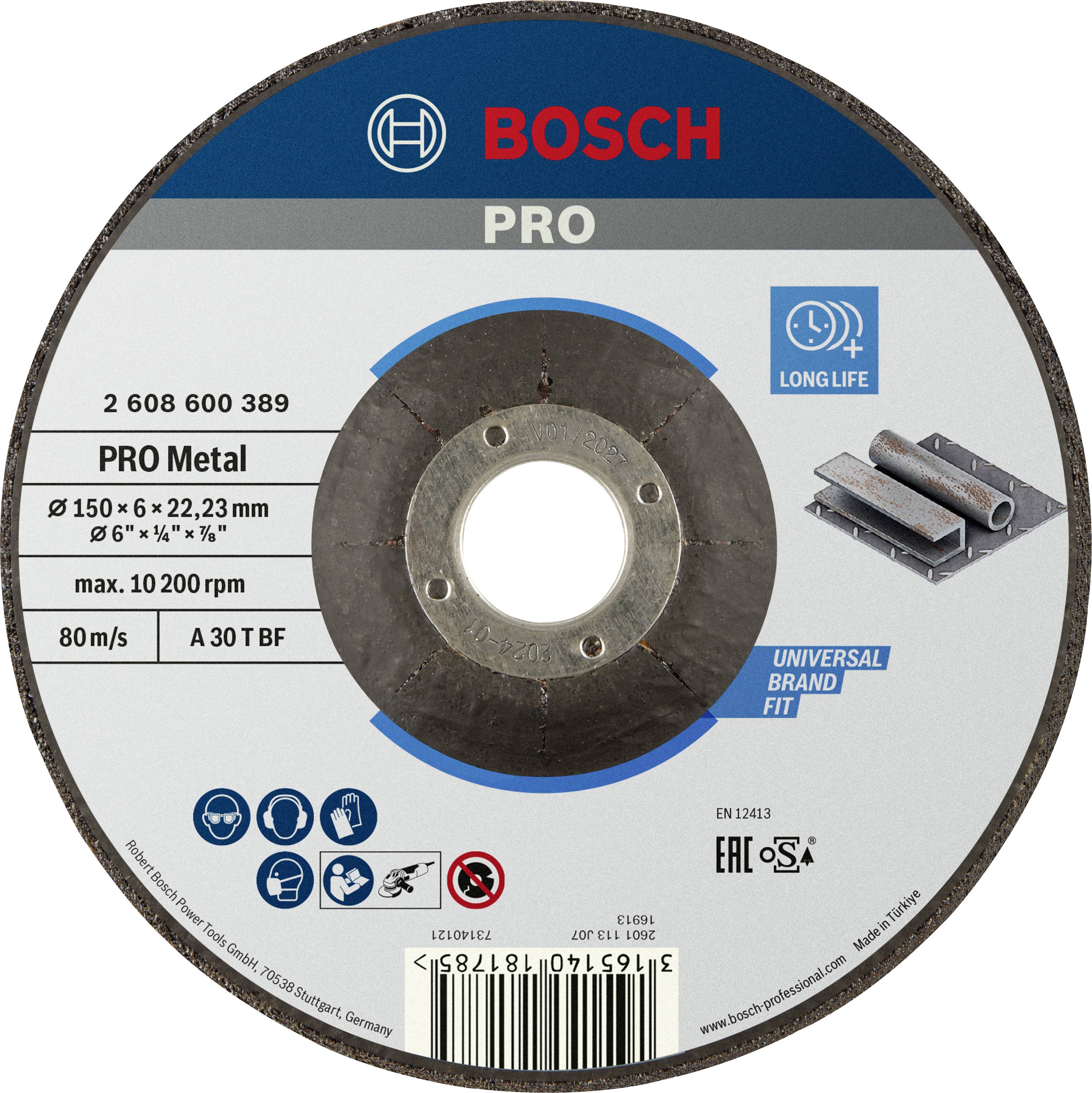Disque à tronçonner Bosch, 'PRO Metal', 150 x 6 mm. Adapté pour l'usinage des métaux, haute durabilité. Vitesse de rotation maximale : 10 200 tr/min.