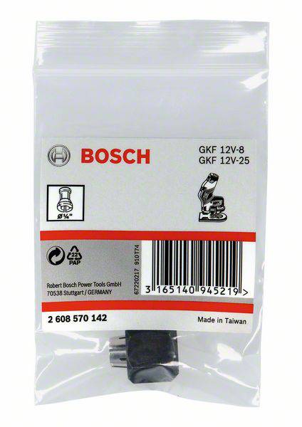 'Bosch GKF 12V-8' et 'GKF 12V-25' dans un emballage en plastique. Affiche le code-barres, Fabriqué à Taïwan, et les informations du fabricant.