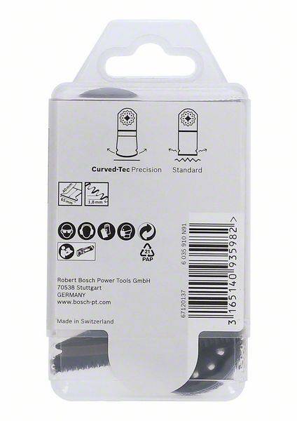 Emballage 'Bosch' pour une pièce d'outil. Présente des diagrammes des lames 'Curved-Tec Precision' et 'Standard'. Contient des détails du produit.