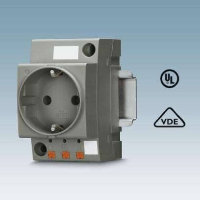 Un adaptateur de prise gris portant les certifications VDE et UL. Idéal pour les applications industrielles afin de raccorder des appareils électriques.