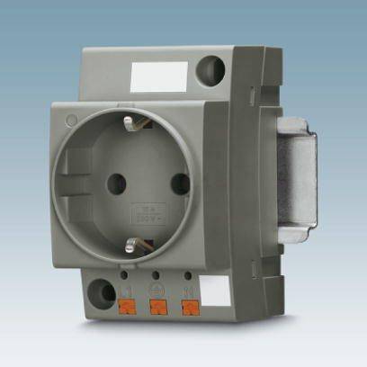 Prise grise avec deux trous ronds et broche de terre, adaptée au montage sur rail DIN.