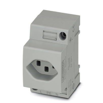 Un module de prise gris pour montage sur rail DIN avec bornes L, PE et N, utilisé dans les installations électriques de sécurité.