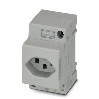 Un module de prise gris pour montage sur rail DIN avec bornes L, PE et N, utilisé dans les installations électriques de sécurité.