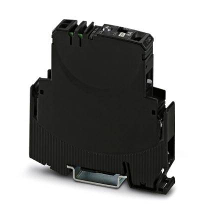 Un boîtier électrique noir pour montage sur rail. Il possède plusieurs connexions et ne présente aucune marque distinctive.