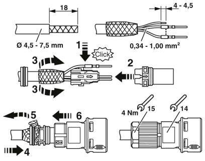 Illustration d'un manuel de montage pour un système de connexion électrique, montrant les étapes de branchement et de sécurisation des câbles.