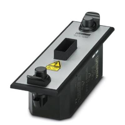 Un appareil électrique avec un boîtier noir et gris, deux interrupteurs ronds et une ouverture rectangulaire sur le dessus, portant un symbole d'avertissement.