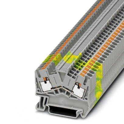Borne électrique de connexion avec plusieurs bornes en gris et orange, placée sur une surface blanche.