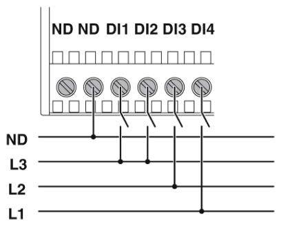 Diagramme d'un raccordement électrique : Montre les connexions de ND à DI4 avec des lignes vers L3, L2, L1. Étiquettes ND, DI1-DI4 en haut.
