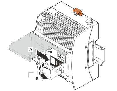 Illustration d'un compteur électrique avec des bornes marquées. Libellé 'A' pour la connexion de courant, 'B' pour le raccordement au réseau. Boîtier ouvert.