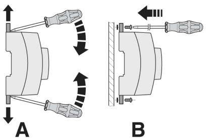 Le diagramme montre deux vues d'un objet : A montre la rotation dans les deux sens, B montre la pression dans le sens de la flèche avec un tournevis.