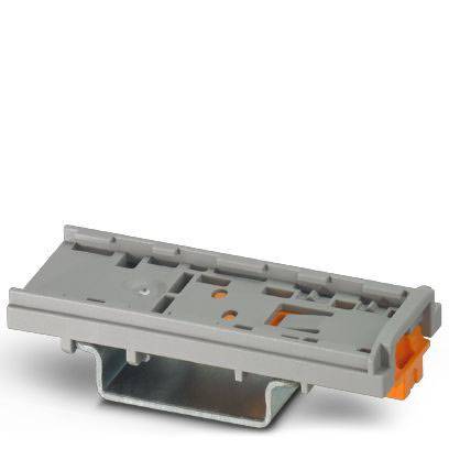 Un adaptateur en plastique gris pour montage sur rail DIN avec des éléments orange, adapté à la fixation de composants électriques.