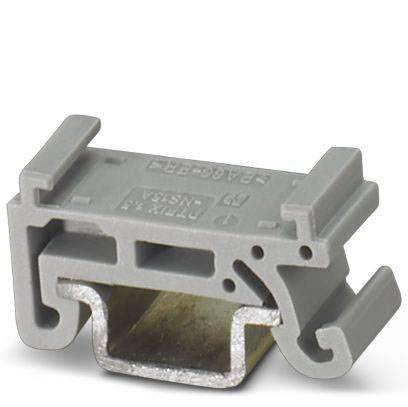 Élément de support de fin en plastique gris pour montage sur rail DIN. Doté de bornes latérales et d'un noyau métallique pour la fixation.
