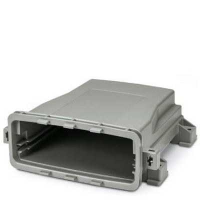 Boîtier en plastique gris, rectangulaire, avec face avant ouverte. Adapté au montage de composants électroniques.