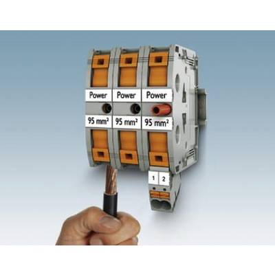 Une main tient un fil de cuivre qui est connecté à des blocs de bornes tripolaires portant l'inscription 'Power 95 mm²'.