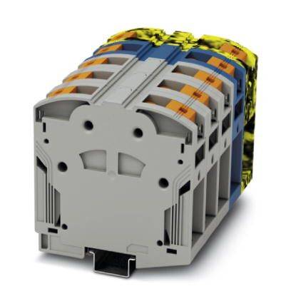 L'image montre un module de bloc de jonction électrique multicolore et empilable, doté de plusieurs emplacements pour des connexions électriques.