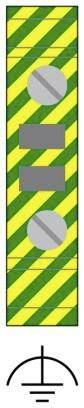 Un rectangle gris avec deux cercles gris sur un fond rayé vert et jaune ; en dessous, un symbole de mise à la terre.