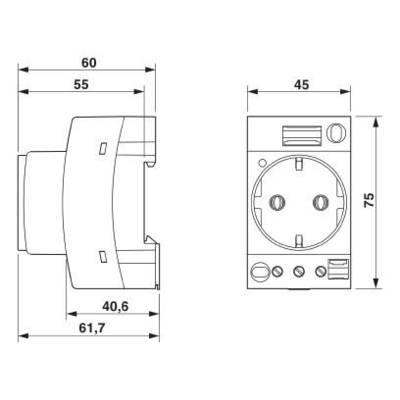 Dessin technique d'une prise électrique avec dimensions : 60x75 mm ; profondeur : 61,7 mm. Présente les vues de face et de côté.