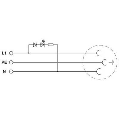Schéma de circuit électrique avec trois conducteurs : L1, PE, N et une diode avec une résistance, connectée à une LED.