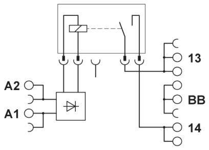 Schéma de principe d'un contacteur avec contacts de bobine A1 et A2, diode schématique et contacts de commutation 13, 14, BB.