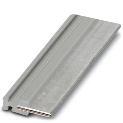 Une bande métallique grise avec un bord saillant et une surface lisse, probablement un composant ou un accessoire.
