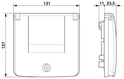 Dessin technique d'un boîtier rectangulaire de 131 mm de large et 127 mm de hauteur. La vue latérale montre une profondeur de 11 mm.