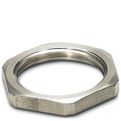 Un écrou hexagonal en argent est posé à plat et reflète la lumière sur sa surface. Il est doté d'un filetage intérieur pour la fixation.