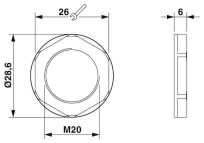Dessin technique d'un écrou hexagonal à filetage M20. Dimensions : diamètre 28,6 mm, largeur 26 mm, hauteur 6 mm.