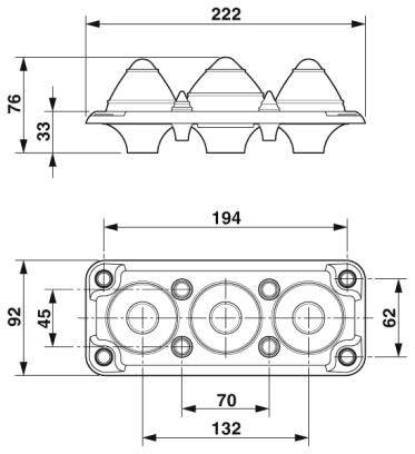 Dessin technique d'un composant avec dimensions. En haut : vue de dessus et vue latérale. Dimensions en mm.