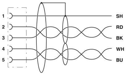 Diagramme d'un circuit électrique avec cinq lignes étiquetées SH, RD, BK, WH et BU, et leurs interconnexions.