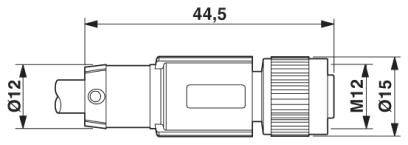 Dessin technique d'une fiche cylindrique. Longueur 44,5 mm, diamètre avant 12 mm, arrière 15 mm. Filetage M12.