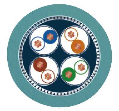 Un plateau avec quatre rouleaux de sushi, chacun décoré d'une fleur, disposés sur un fond bleu.