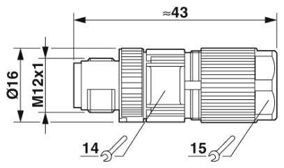 Dessin technique d'un connecteur cylindrique avec les dimensions suivantes : longueur d'environ 43 mm, diamètre 16 mm, filetage M12x1.