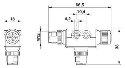Dessin technique d'un connecteur avec filetage M12. Dimensions : 66,5 mm de longueur, 38 mm de hauteur. Présente les détails des composants et des connexions.