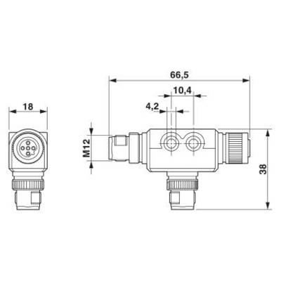 Dessin technique d'un connecteur avec dimensions : largeur 66,5 mm, hauteur 38 mm, connecteur M12, autres détails mis en évidence.