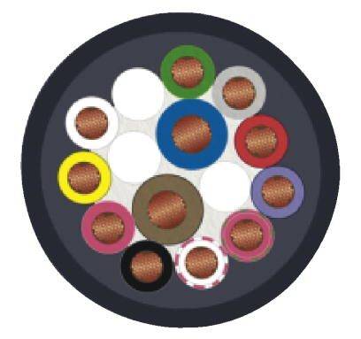 Une coupe transversale d'un câble multicolore comprenant plusieurs conducteurs isolés de différentes couleurs, entourés d'une gaine noire.