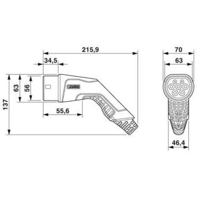 Dessin technique d'un type de connecteur avec dimensions : longueur 215,9 mm, largeur 63 mm, hauteur 137 mm. Présente les vues latérale et de face.