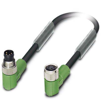 Un câble connecteur coudé vert avec connexions mâle et femelle, utilisé pour des applications industrielles ou d'automatisation.