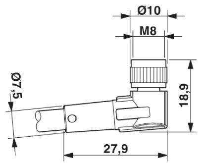 Plan d'un connecteur électrique avec les dimensions suivantes : longueur 27,9 mm, diamètre supérieur 10 mm et 7,5 mm en bas, filetage M8.