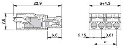 Dessin technique d'un connecteur avec dimensions. À gauche, une coupe transversale de 22,9 mm de long. À droite, vue détaillée de dessus.