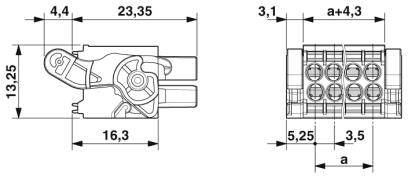 Dessin technique d'un connecteur avec indication des dimensions en millimètres. Présente une vue de dessus et une vue latérale du composant.