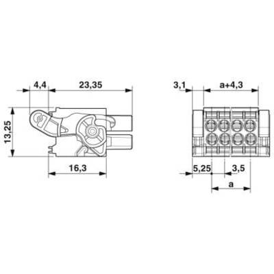 Dessin technique d'un connecteur avec indication des dimensions en millimètres. Présente une vue de dessus et une vue latérale du composant.