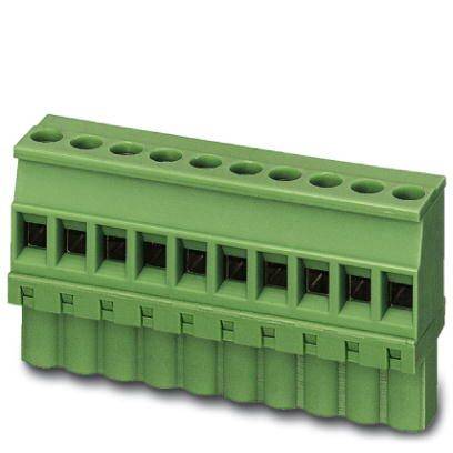 Bloc de connexion vert à bornes enfichables avec plusieurs ouvertures de connexion, couramment utilisé dans l'installation électrique pour raccorder des câbles.