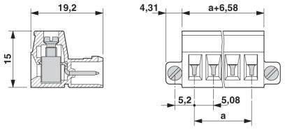 Dessin technique d'une borne électronique avec dimensions : Hauteur 15 mm, Largeur 19,2 mm, et vue détaillée de l'agencement des bornes.