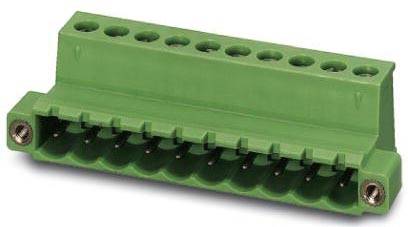 Connecteur électrique rectangulaire vert avec plusieurs bornes et vis de fixation.