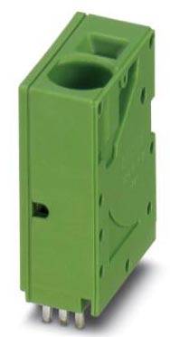 Connecteur électrique vert de forme rectangulaire avec plusieurs contacts argentés sur sa face inférieure.